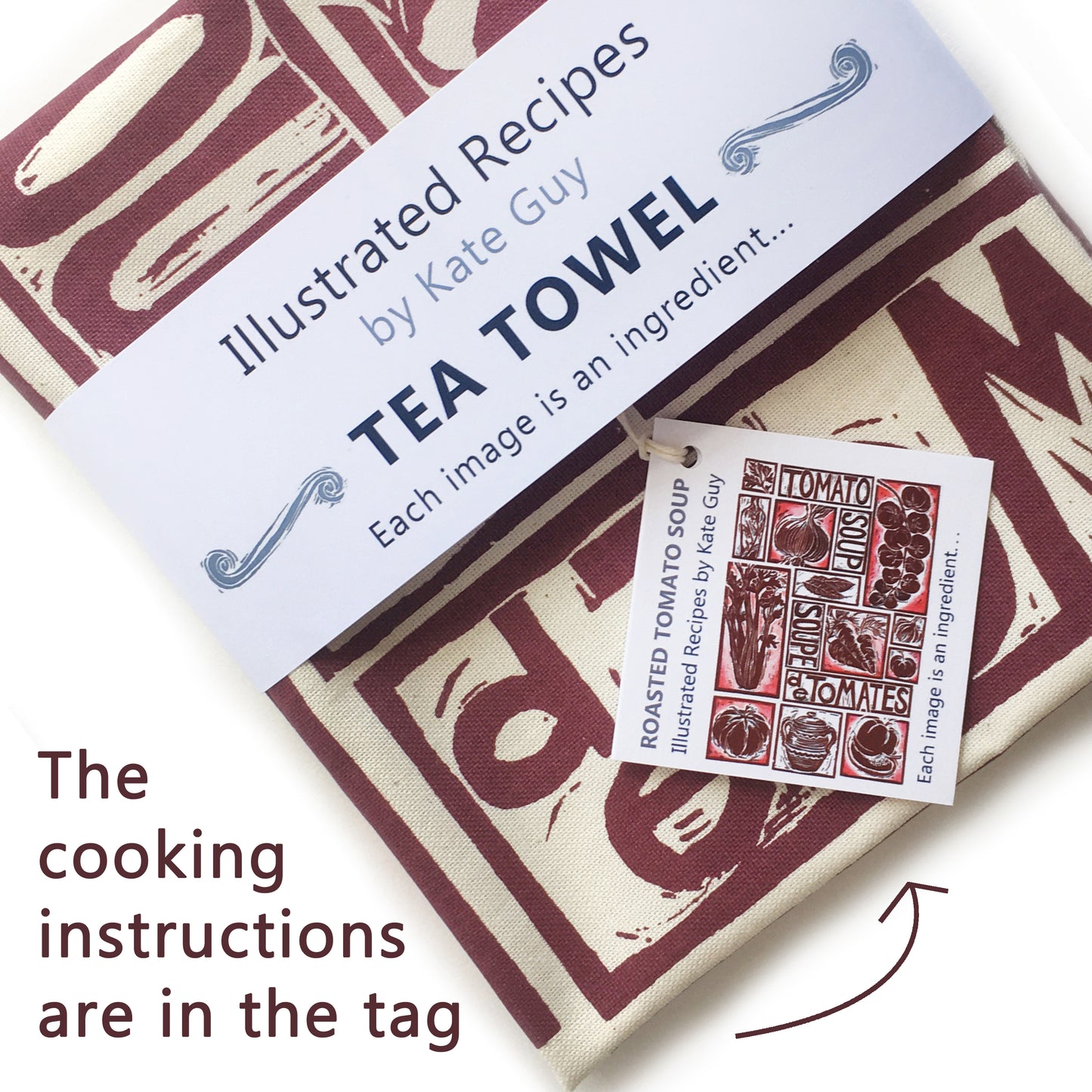 Tomato Soup illustrated recipe tea towel lino cut by Kate Guy