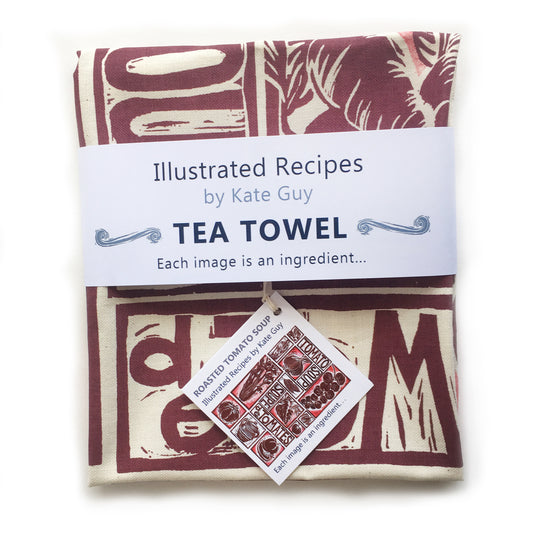 Tomato Soup illustrated recipe tea towel lino cut by Kate Guy
