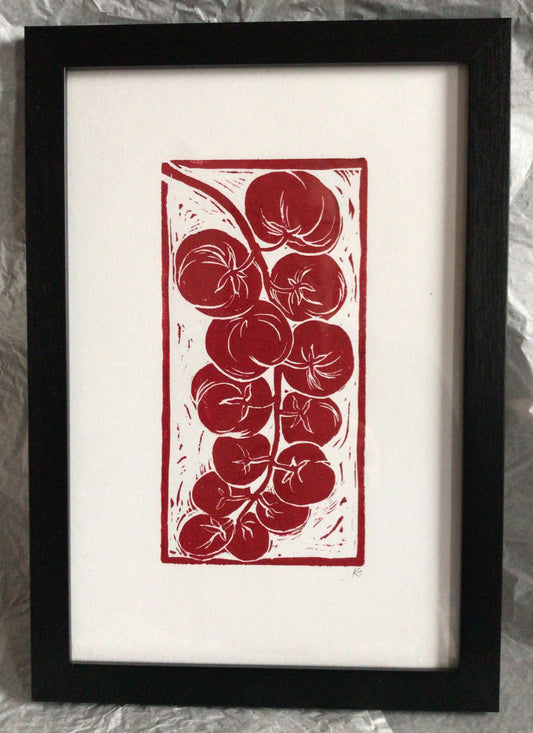 Linocut print vine tomatoes Ingredients prints by Kate Guy Prints