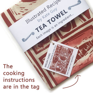 Tag showing the cooking instructions for the Welsh Cawl gift set textiles by Kate Guy