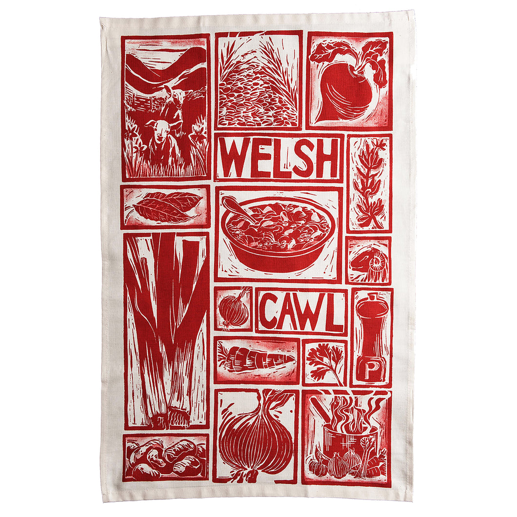 Welsh Cawl illustrated recipe tea towel lino cut by Kate Guy