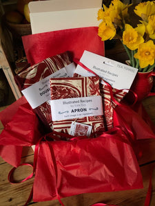 Welsh Cawl Gift Set Tea Towel Apron and Oven gloves wrapped in tissue presented in a gift box