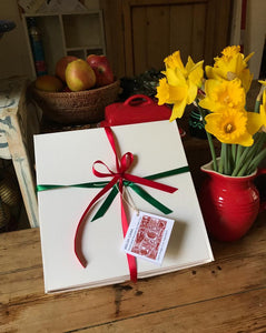 Welsh Cawl Gift Set Tea Towel Apron and Oven gloves wrapped in tissue presented in a gift box