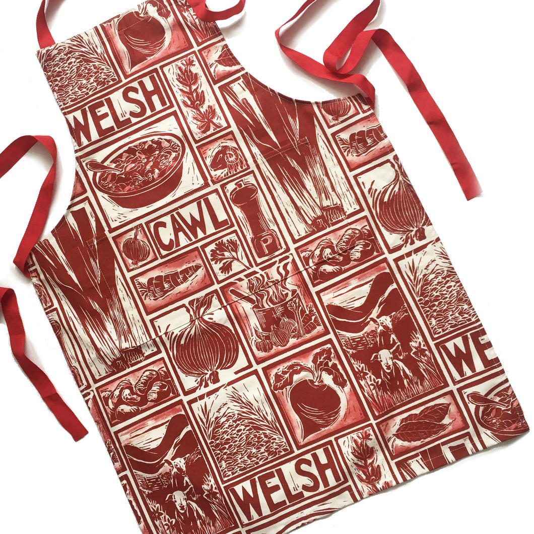 Welsh Cawl Illustrated Recipe Adult Apron - comes with cooking instructions! Lino Cut print by Kate Guy