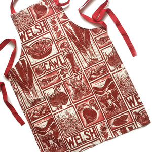 Welsh Cawl Illustrated Recipe Adult Apron - comes with cooking instructions! Lino Cut print by Kate Guy