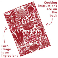 Load image into Gallery viewer, Welsh Cawl Illustrated Recipe Greetings Card lino cut by Kate Guy each image is an ingredient and cooking instructions are on the back
