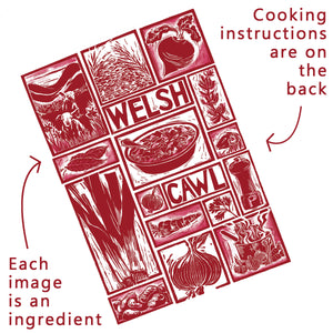 Welsh Cawl Illustrated Recipe Greetings Card lino cut by Kate Guy each image is an ingredient and cooking instructions are on the back