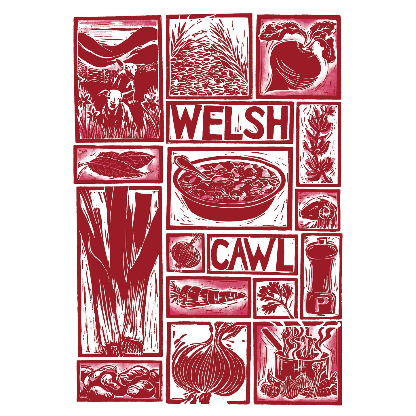Welsh Cawl Illustrated Recipe Greetings Card lino cut by Kate Guy each image is an ingredient and cooking instructions are on the back