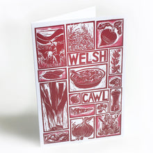Load image into Gallery viewer, Welsh Cawl Illustrated Recipe Greetings Card lino cut by Kate Guy each image is an ingredient and cooking instructions are on the back
