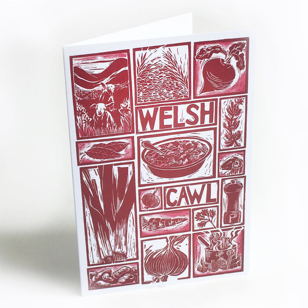 Welsh Cawl Illustrated Recipe Greetings Card lino cut by Kate Guy each image is an ingredient and cooking instructions are on the back