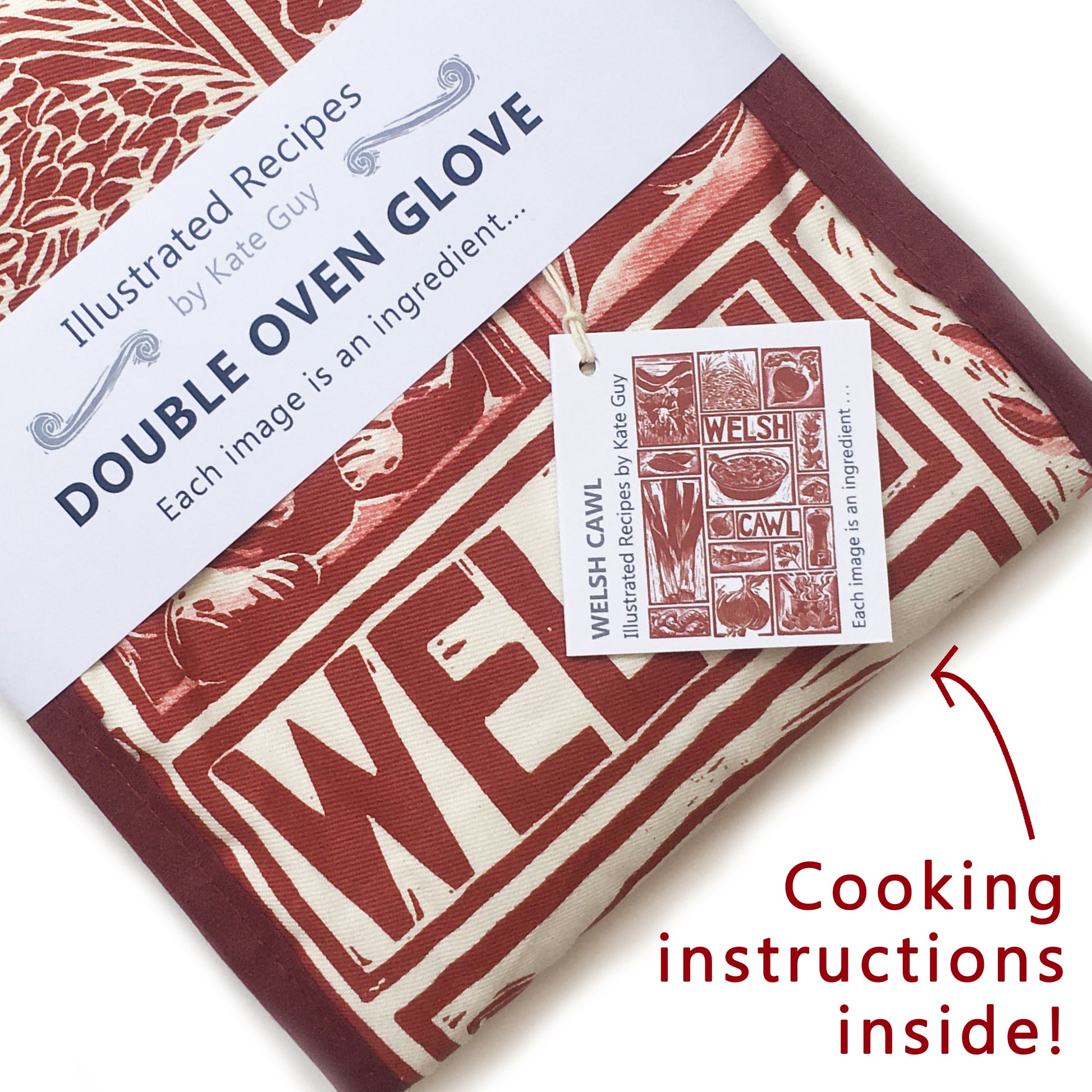 Welsh Cawl Illustrated Recipe double oven gloves - comes with cooking instructions! Lino Cut print by Kate Guy