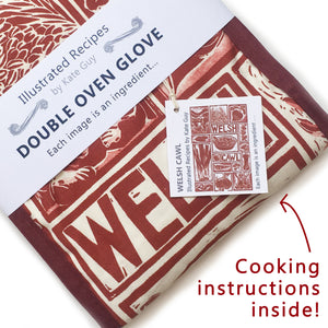 Welsh Cawl Illustrated Recipe double oven gloves - comes with cooking instructions! Lino Cut print by Kate Guy