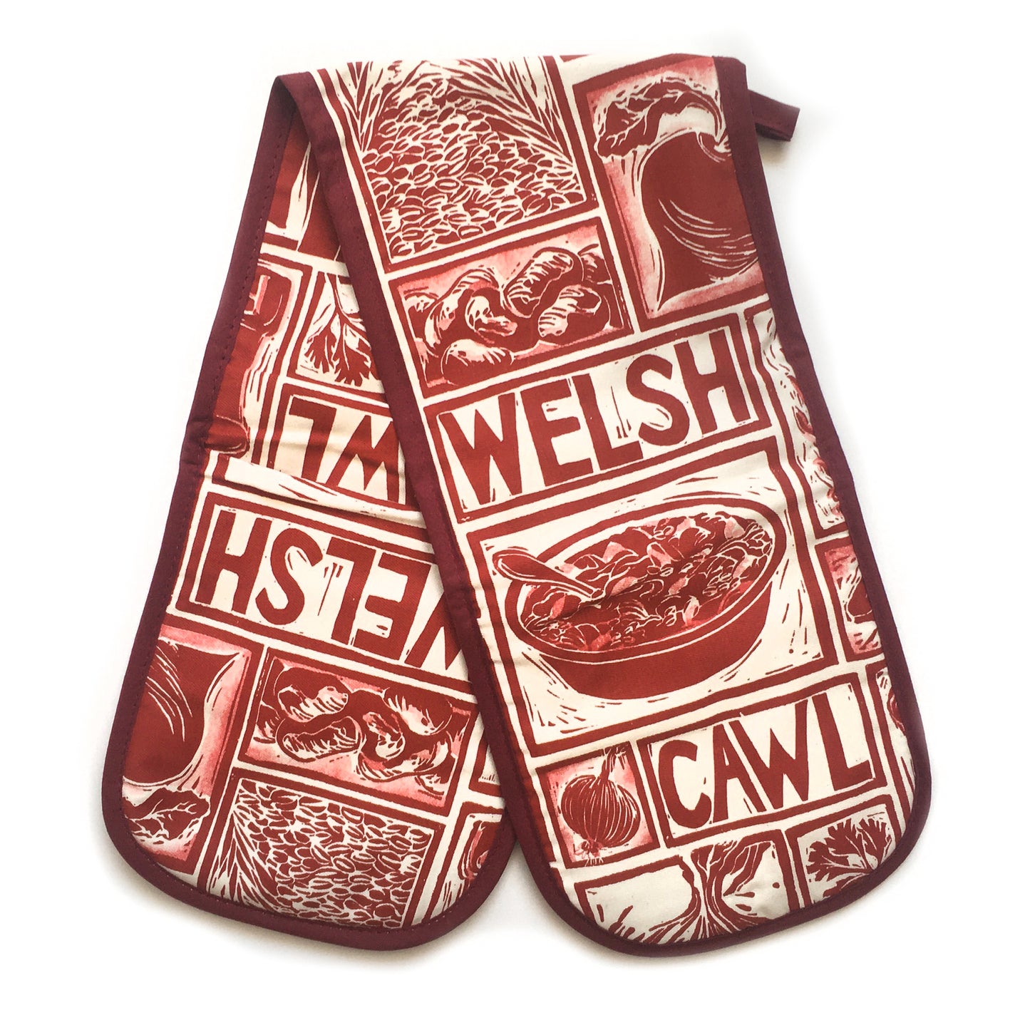 Welsh Cawl Illustrated Recipe double oven gloves - comes with cooking instructions! Lino Cut print by Kate Guy