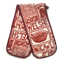 Load image into Gallery viewer, Welsh Cawl Illustrated Recipe double oven gloves - comes with cooking instructions! Lino Cut print by Kate Guy
