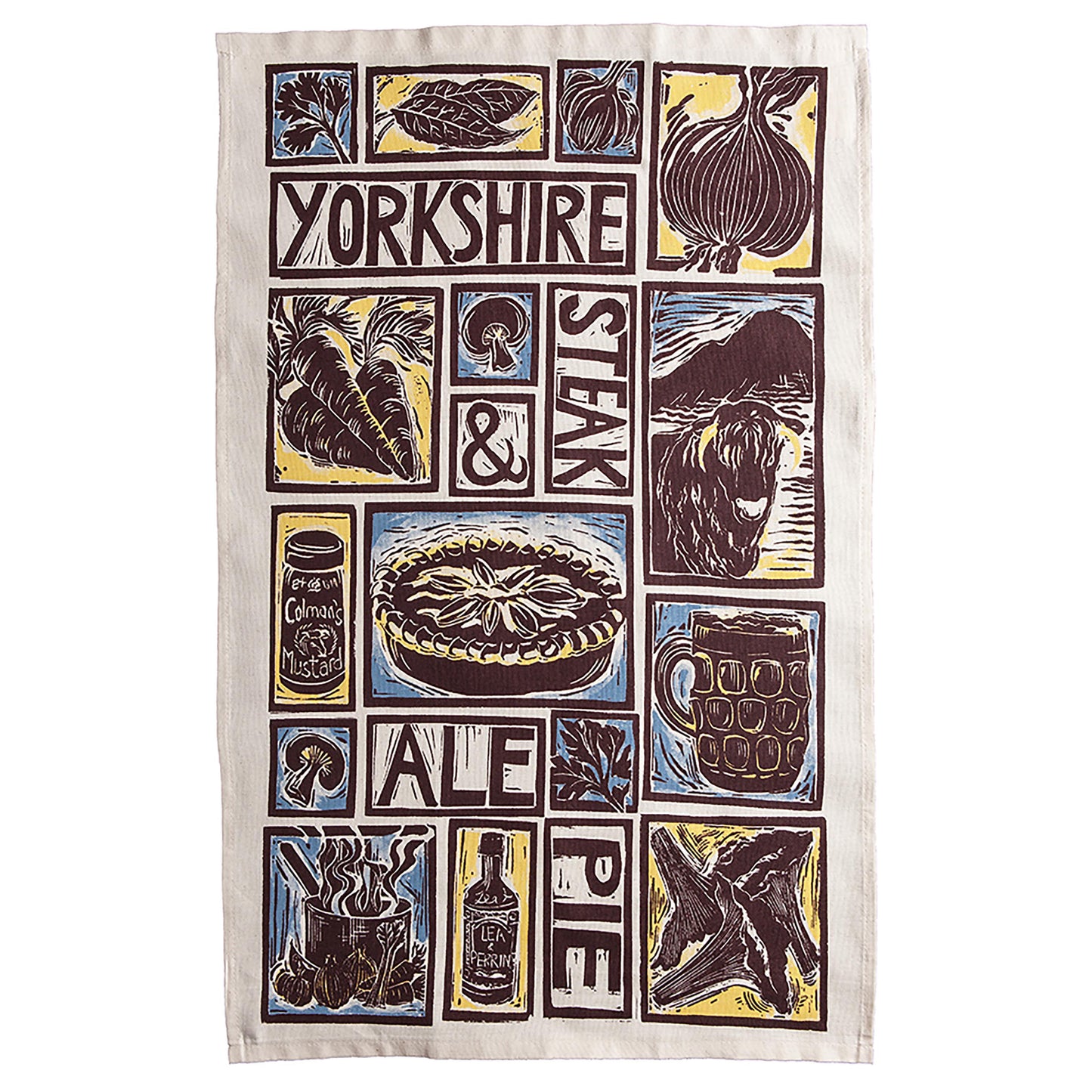 Hand-printed organic cotton tea towel by Kate Guy with Yorkshire Steak and Ale Pie recipe and linocut illustrations of onions, carrots, and ale.