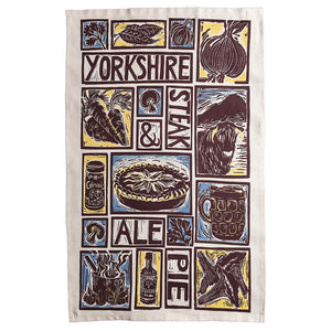 Yorkshire Steak and Ale Pie Illustrated Recipe tea towel lino cut by Kate Guy