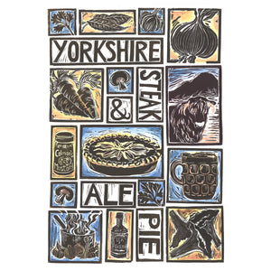 Yorkshire Steak and Ale Pie Illustrated Recipe Greetings Card lino cut by Kate Guy each image is an ingredient cooking instructions are on the back