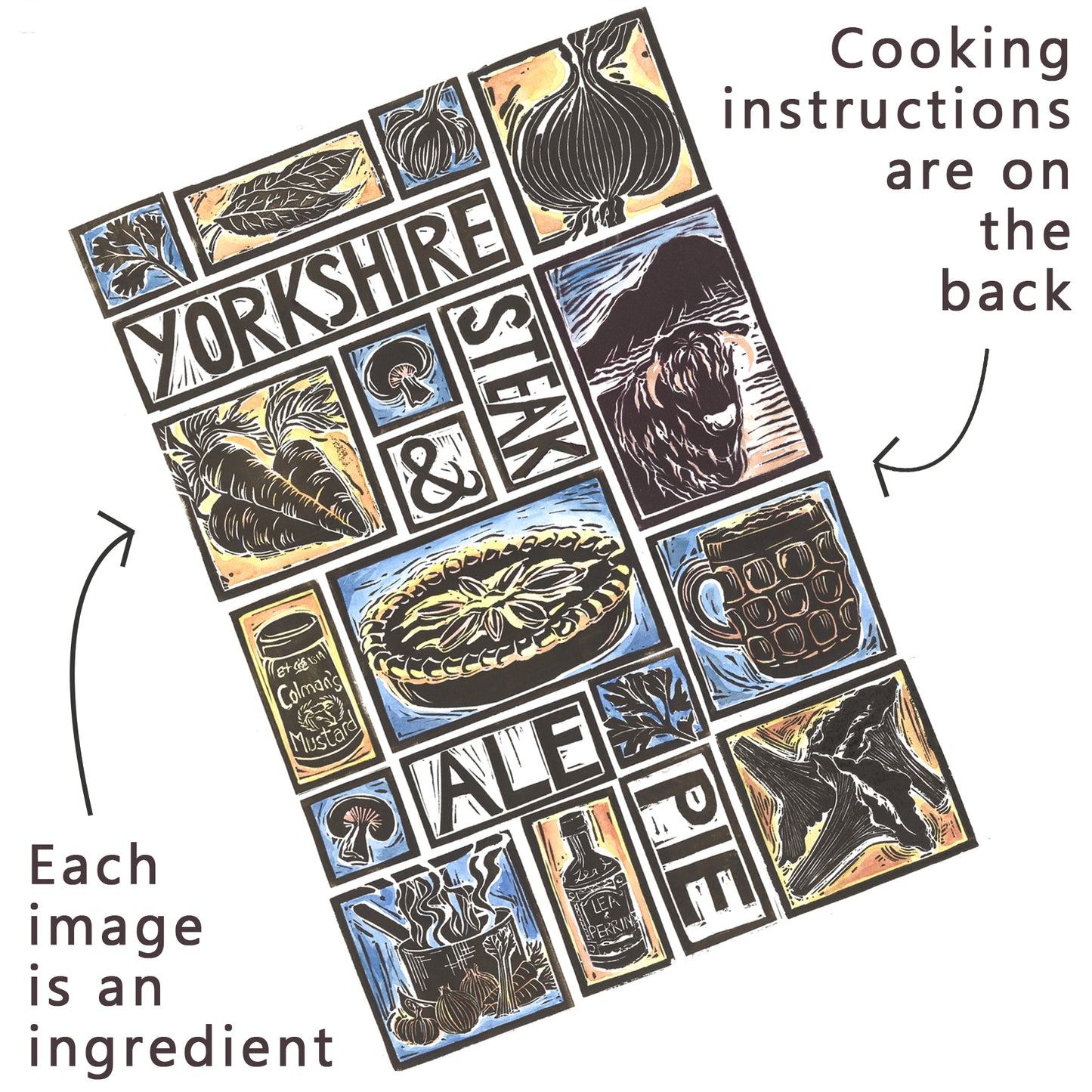 Yorkshire Steak and Ale Pie Illustrated Recipe Greetings Card lino cut by Kate Guy with cooking instructions on the back
