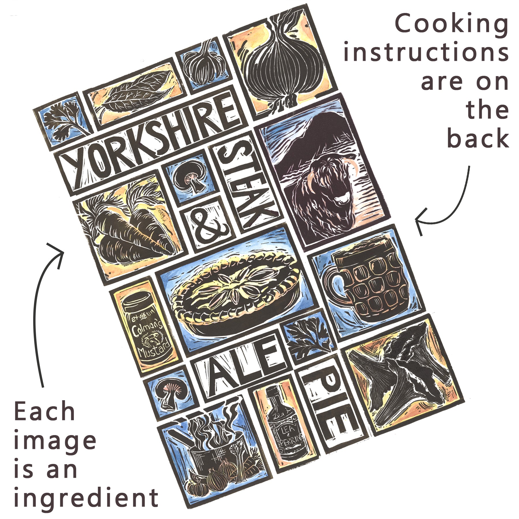 Yorkshire Steak and Ale Pie Illustrated Recipe Greetings Card lino cut by Kate Guy with cooking instructions on the back
