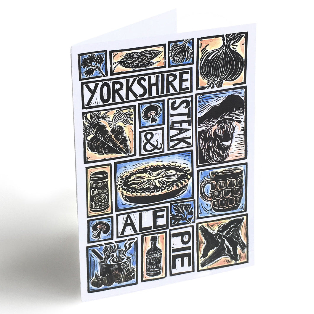 Yorkshire Steak and Ale Pie Illustrated Recipe Greetings Card lino cut by Kate Guy