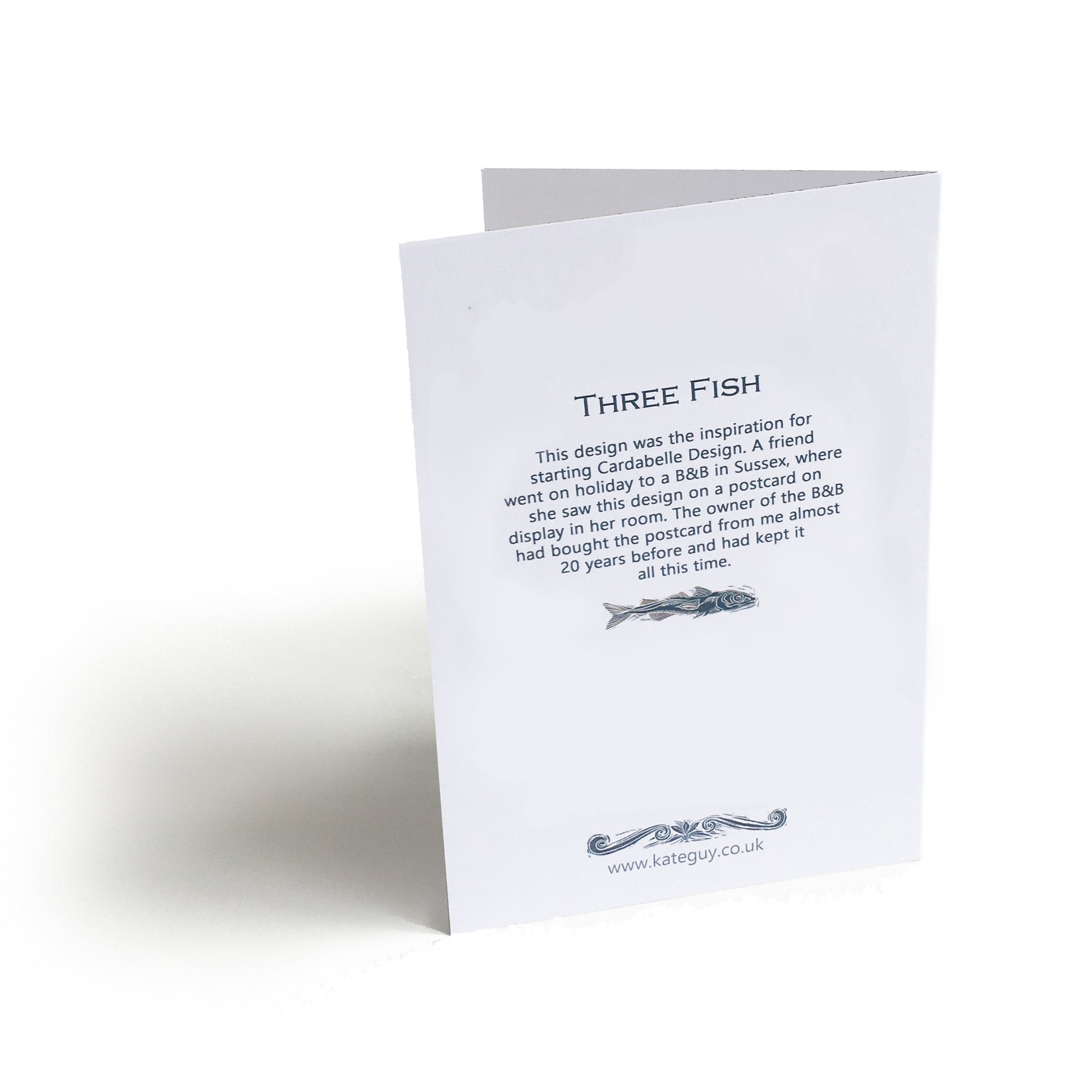 Blue fish design greetings card by Kate Guy - back of card