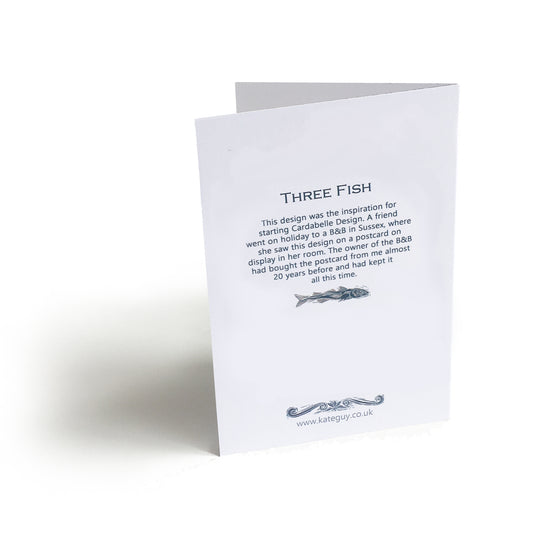 Blue fish design greetings card by Kate Guy - back of card