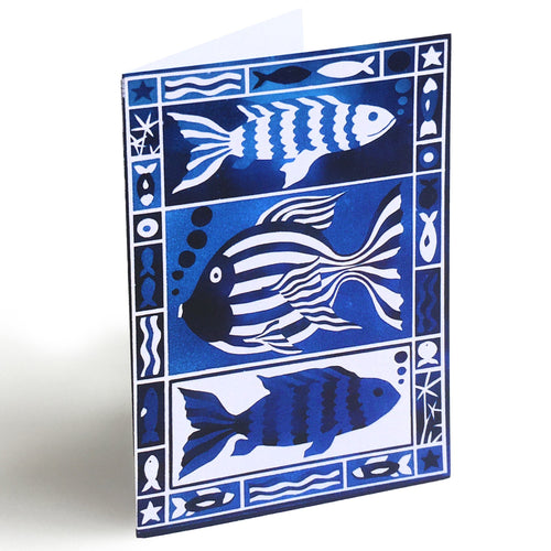 Blue fish design greetings card by Kate Guy