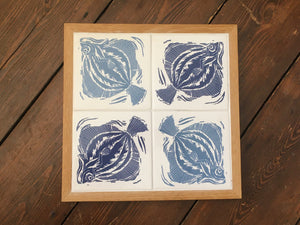 Plaice Handmade tile trivet, table centrepiece. Linocut print of fish on four tiles framed in English oak.