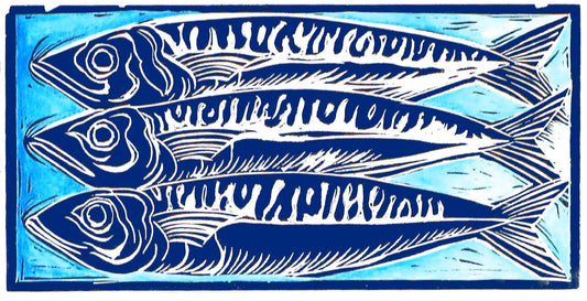 Three mackerel linocut print