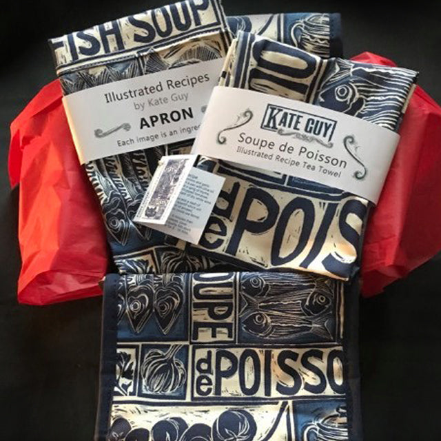 Fish Soup illustrated recipe gift set with tea towel adult apron and double oven glove with large pocket, comes with cooking instructions. lino cut print by Kate Guy