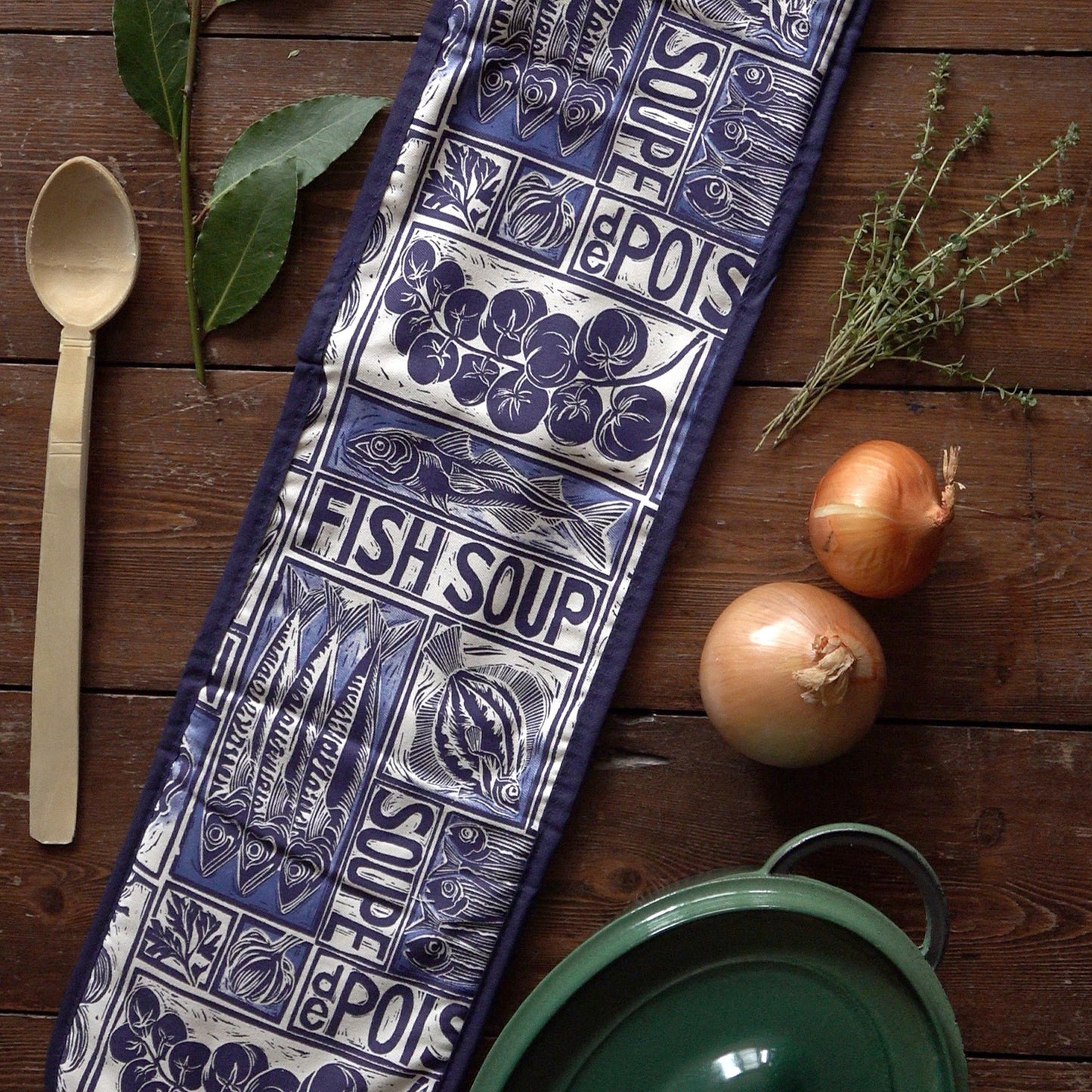 Fish Soup illustrated recipe double oven glove, comes with cooking instructions. lino cut print by Kate Guy