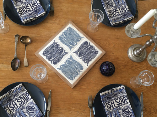 Sardines tiles Handmade trivet, table centrepiece. Linocut print of 5 fish on four tiles framed in English oak