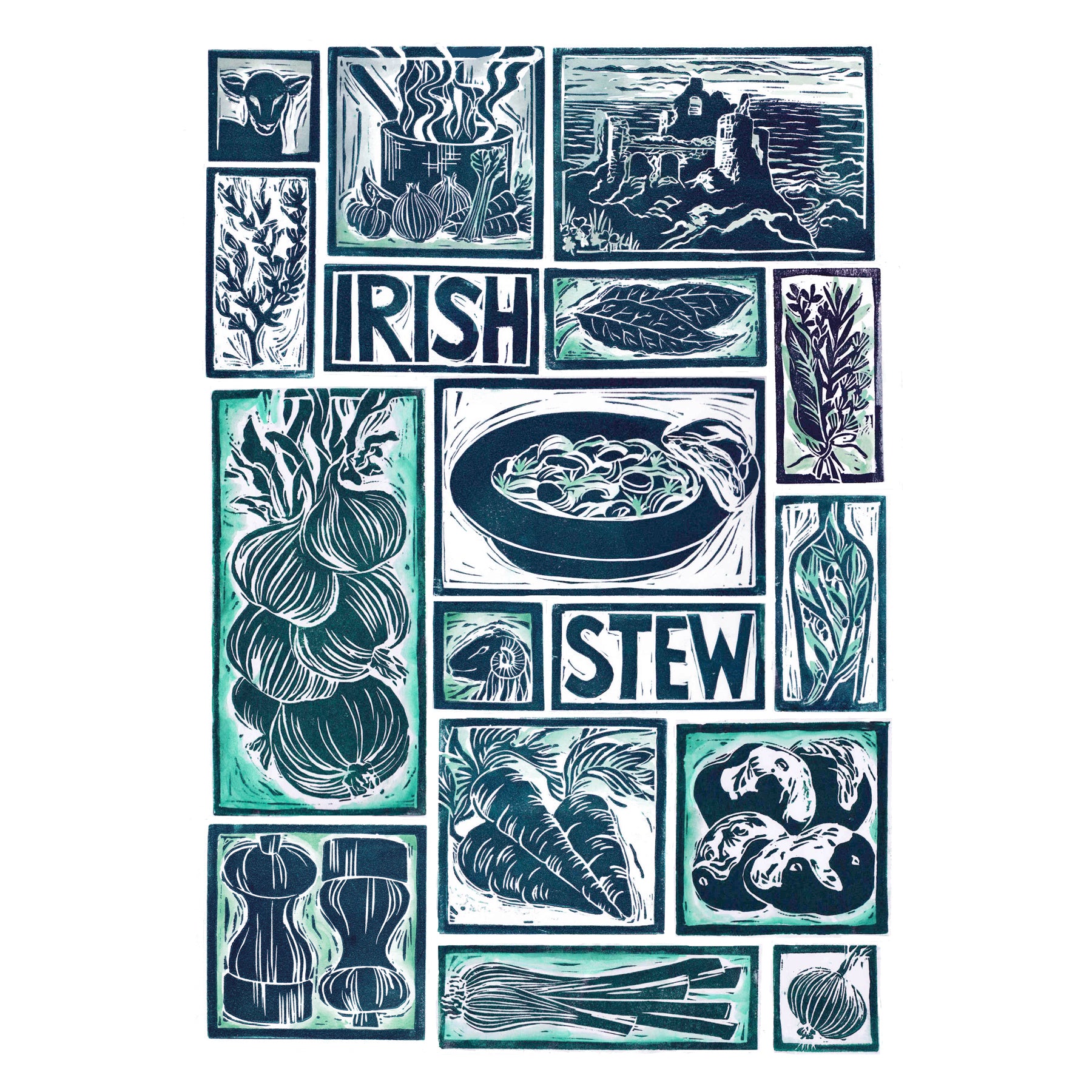 Irish stew Illustrated Recipe Greetings Card by Kate Guy each image is an ingredient and the cooking instructions are on the back