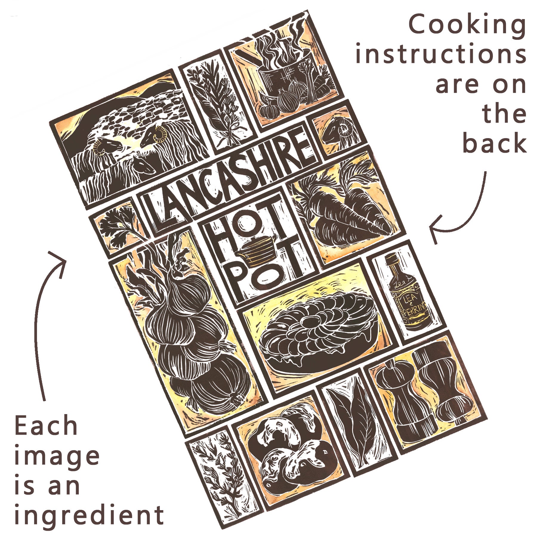Lancashire Hot Pot Illustrated Recipe Greetings Card lino cut by Kate Guy each image is an ingredient and cooking instructions are on the back