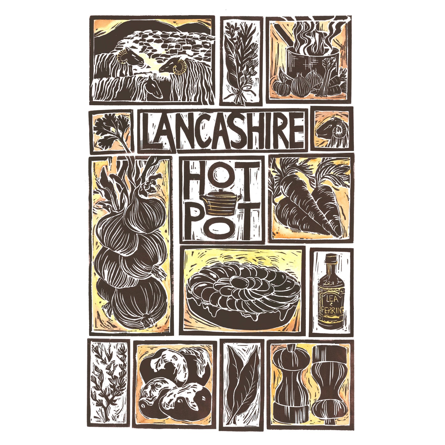 Lancashire Hot Pot Illustrated Recipe Greetings Card lino cut by Kate Guy