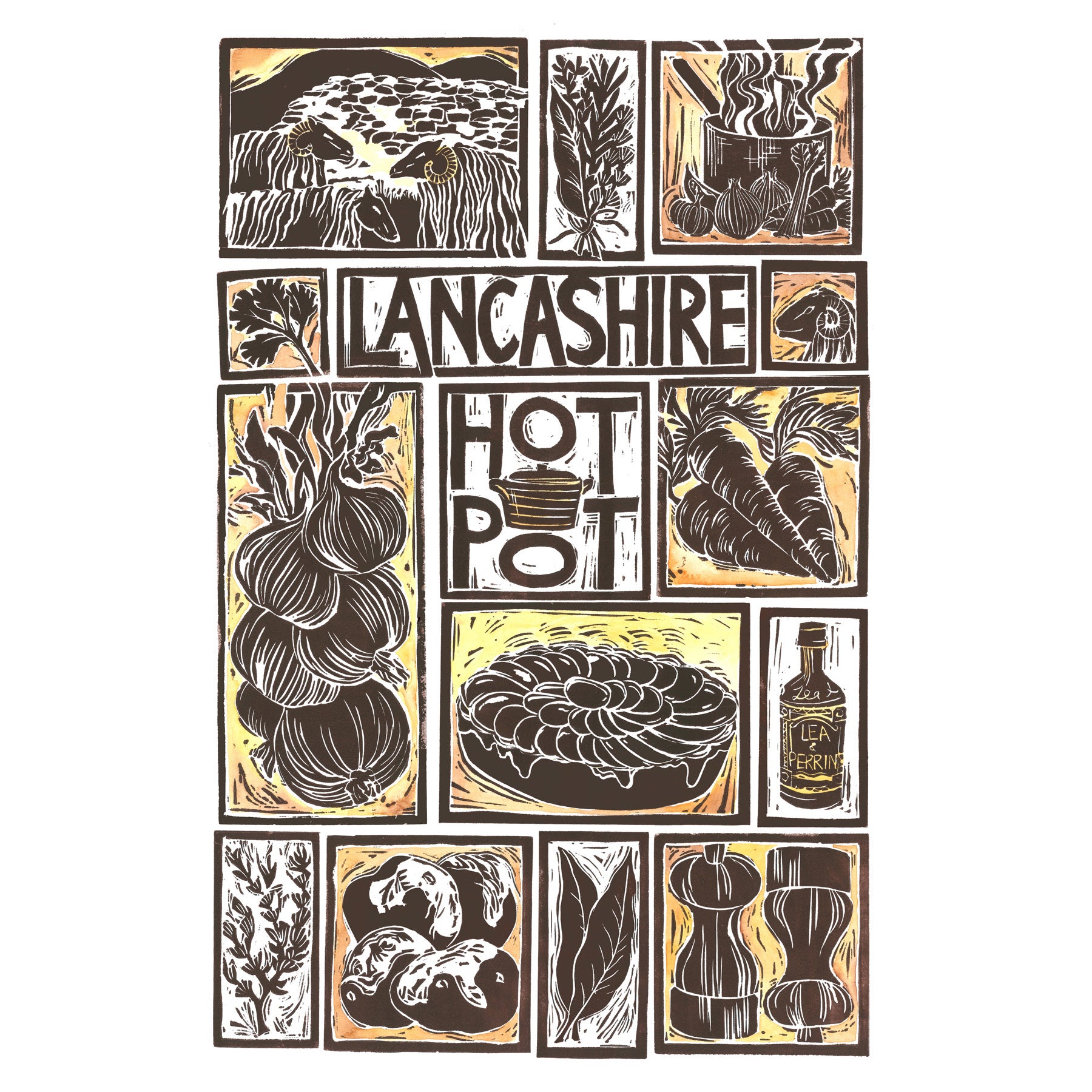 Lancashire Hot Pot Illustrated Recipe Greetings Card lino cut by Kate Guy