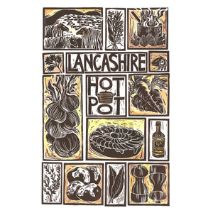 Lancashire Hot Pot Illustrated Recipe Greetings Card lino cut by Kate Guy