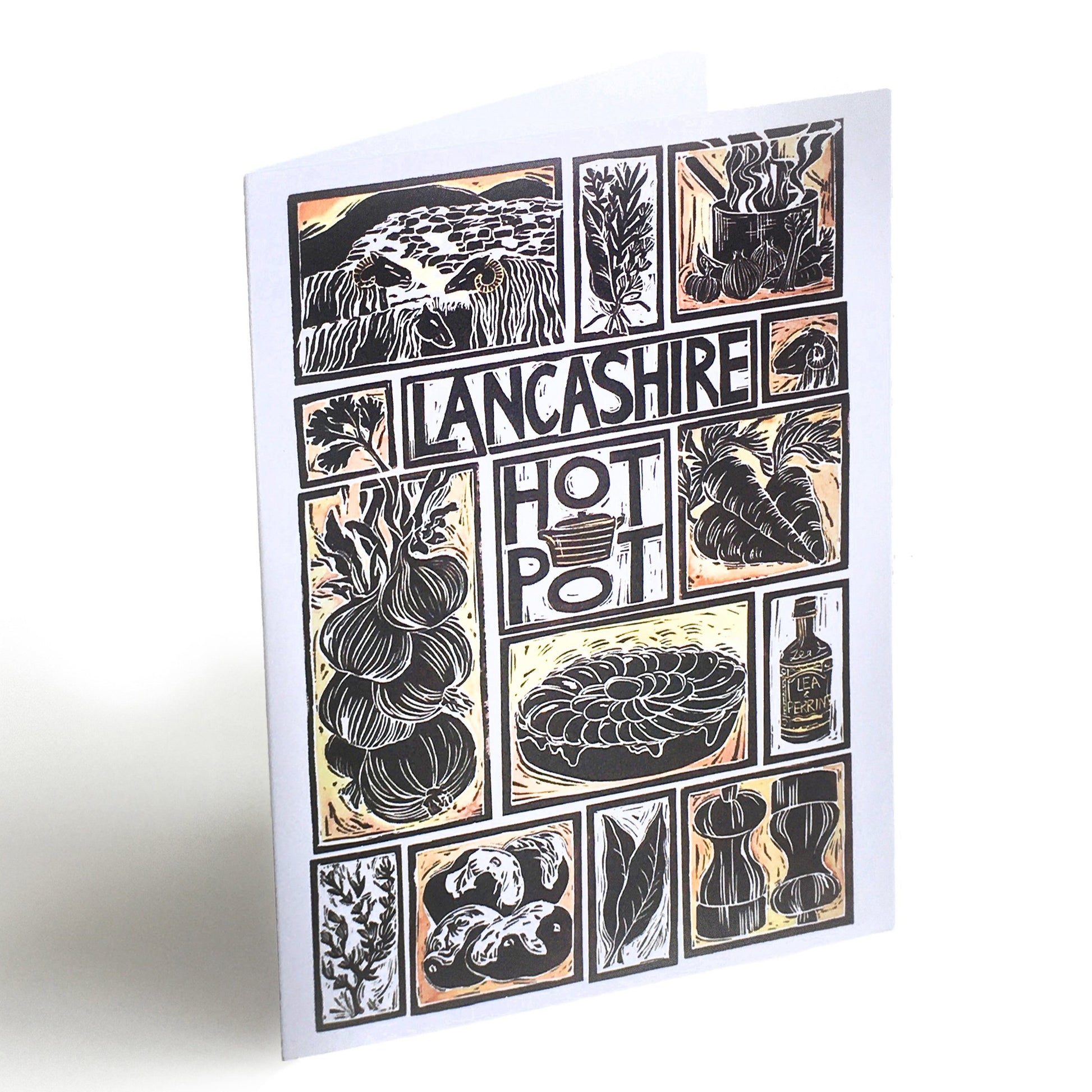 Lancashire Hot Pot Illustrated Recipe Greetings Card lino cut by Kate Guy each image is an ingredient and cooking instructions are on the back