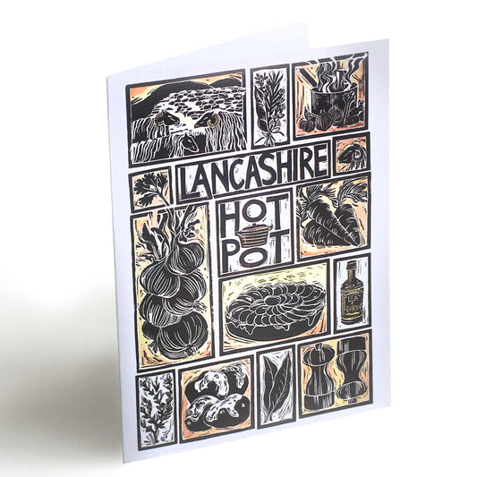 Lancashire Hot Pot Illustrated Recipe Greetings Card lino cut by Kate Guy each image is an ingredient and cooking instructions are on the back