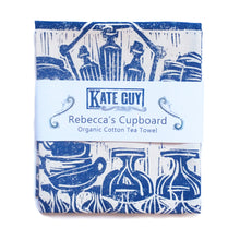 Load image into Gallery viewer, Rebecca&#39;s Cupboard, French Country kitchen lino cut tea towel by Kate Guy
