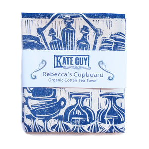 Rebecca's Cupboard, French Country kitchen lino cut tea towel by Kate Guy
