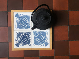 Plaice Handmade tile trivet, table centrepiece. Linocut print of fish on four tiles framed in English oak.