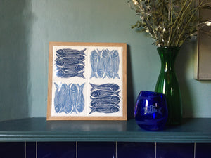 Sardines Handmade tile trivet, table centrepiece. Linocut print of 5 fish on four tiles framed in English oak