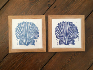 Scallop Shell Handmade tile trivet, table centrepiece. Linocut print of scallop shells on four tiles framed in English oak