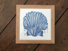 Load image into Gallery viewer, Scallop shell framed tile trivet in pale blue lino cut print by Kate Guy
