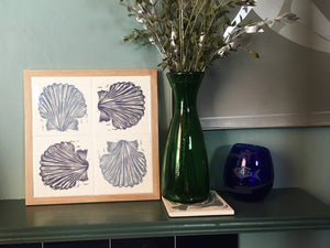 Scallop Shell Handmade tile trivet, table centrepiece. Linocut print of scallop shells on four tiles framed in English oak