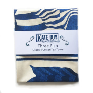 Striking blue fish design tea towel organic cotton by Kate Guy
