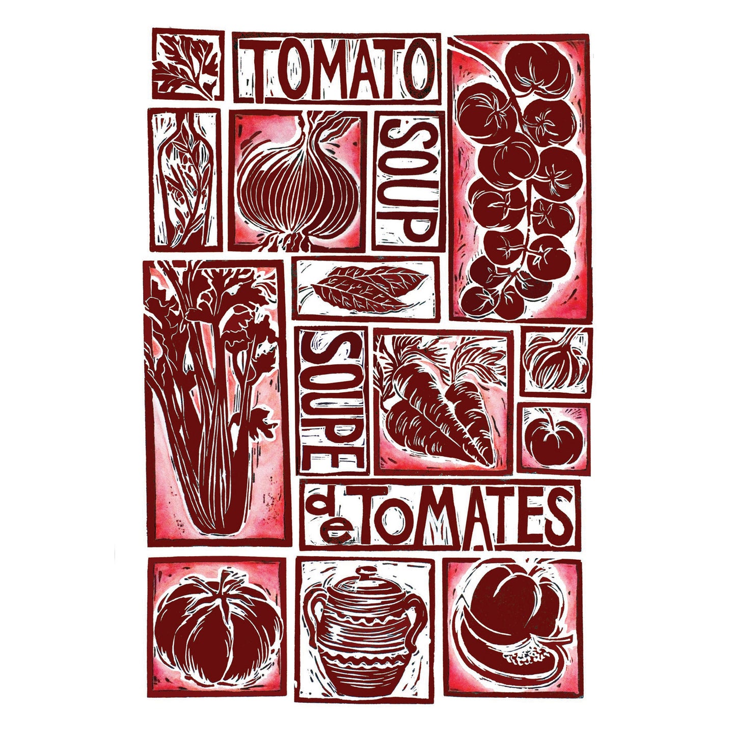 tomato soup illustrated recipe greetings card, lino cut by Kate Guy. Each image is an ingredient and the cooking instructions are on the back