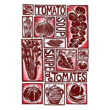 Load image into Gallery viewer, tomato soup illustrated recipe greetings card, lino cut by Kate Guy. Each image is an ingredient and the cooking instructions are on the back
