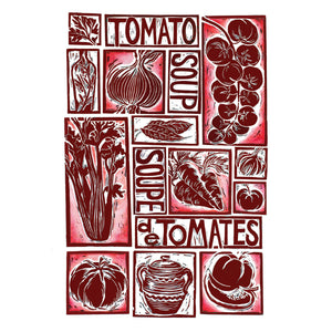 tomato soup illustrated recipe greetings card, lino cut by Kate Guy. Each image is an ingredient and the cooking instructions are on the back